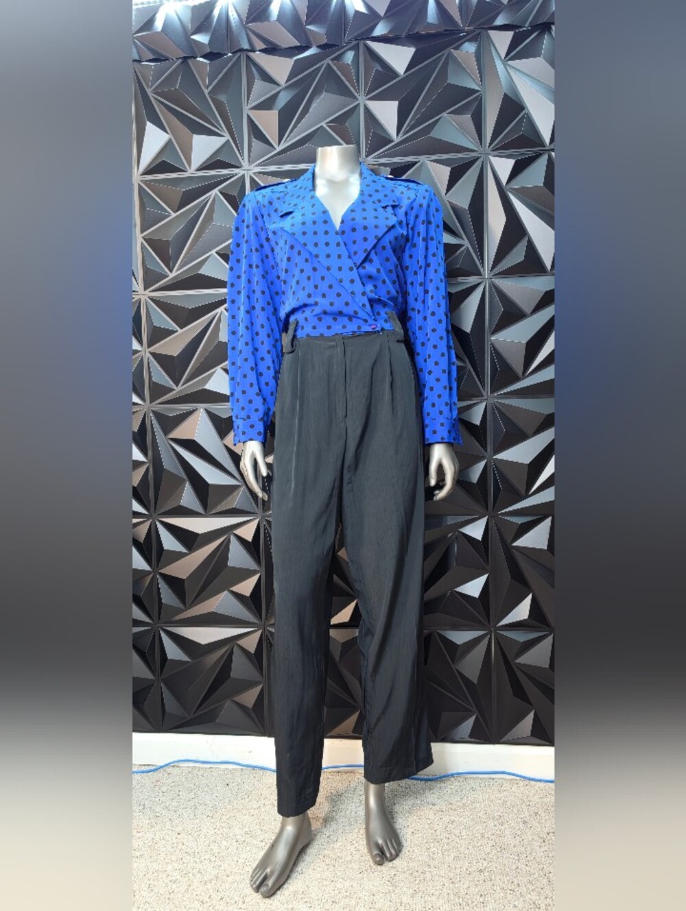 Royal Blue Polka Dot Wrap Blouse with Black High-Waist Trousers